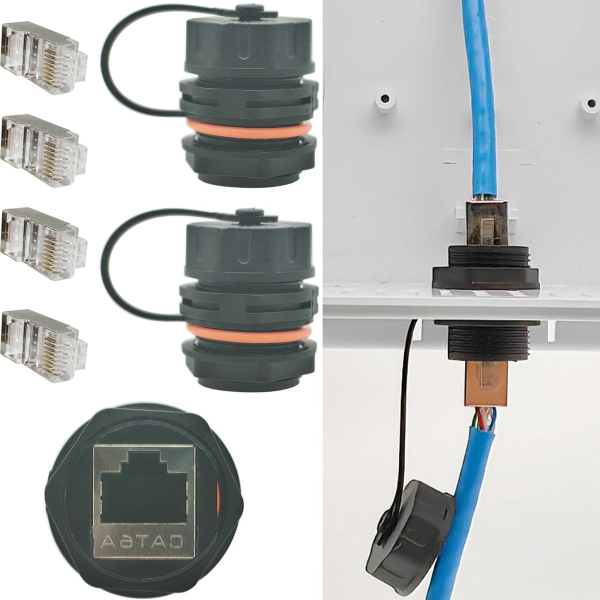 Waterdichte RJ45 Connector voor CAT6A/6/5E Ethernet Kabels met Crystal Heads en Panel Mount Coupler - Ideaal voor Buitengebruik en Netwerkverbindingen
