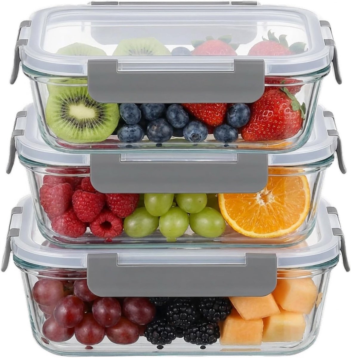 Glazen Container Set - Meal Prep Boxen - Voedsel Opslag - Luchtdicht & Lekvrij - 3x 1040ml - Transparant