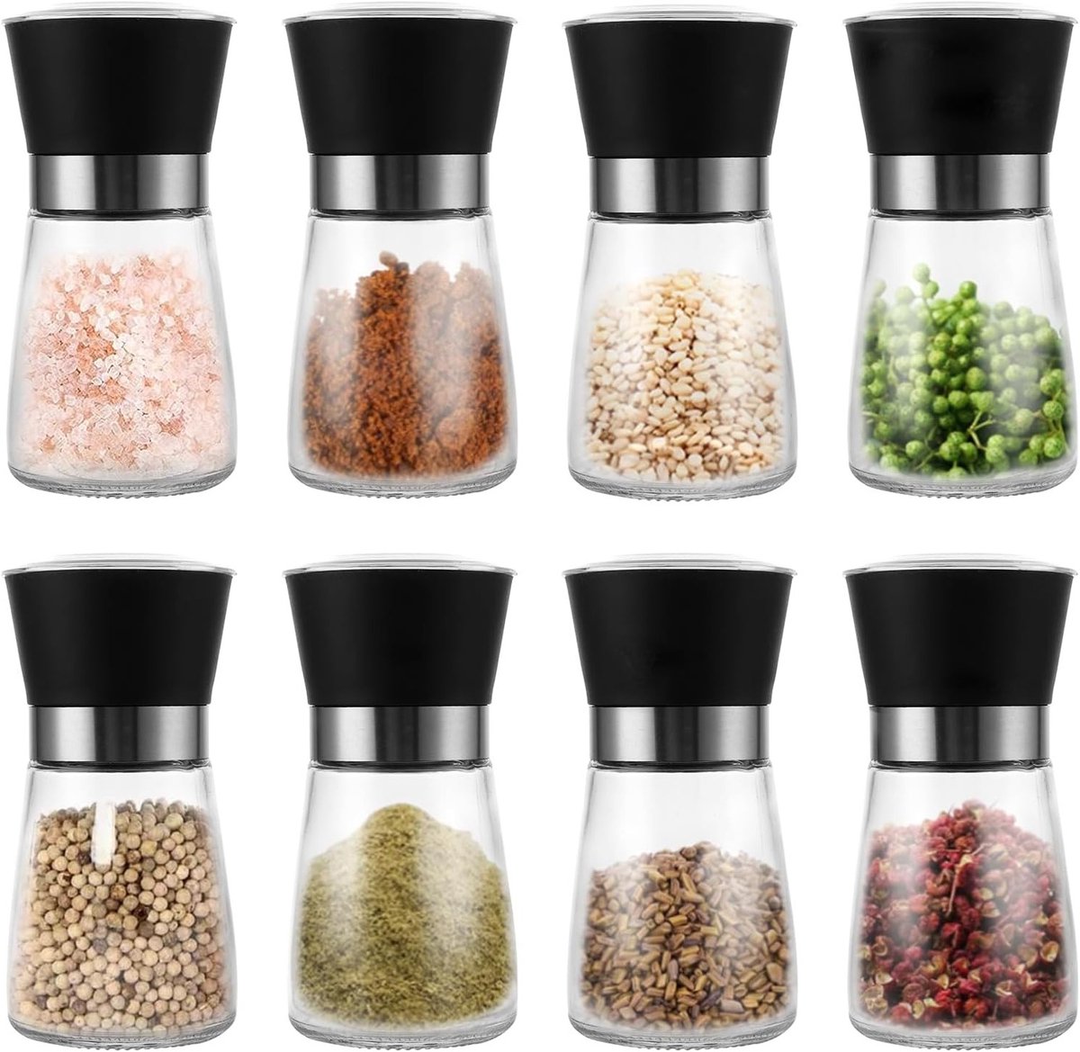 Set van 8 Peper- en Zoutmolens, Handmatige Keramische Specerijenmolen, Verstelbare Maalfunctie, 13,5 x 6,3 cm, Transparante Molens voor Diverse Specerijen en Kruiden