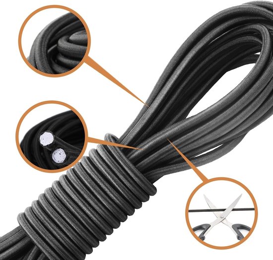 Elastisch rubberkoord 4 mm 15 m zwart met UV-bescherming voor zeil, tent en traileraccessoires — afbeelding 3