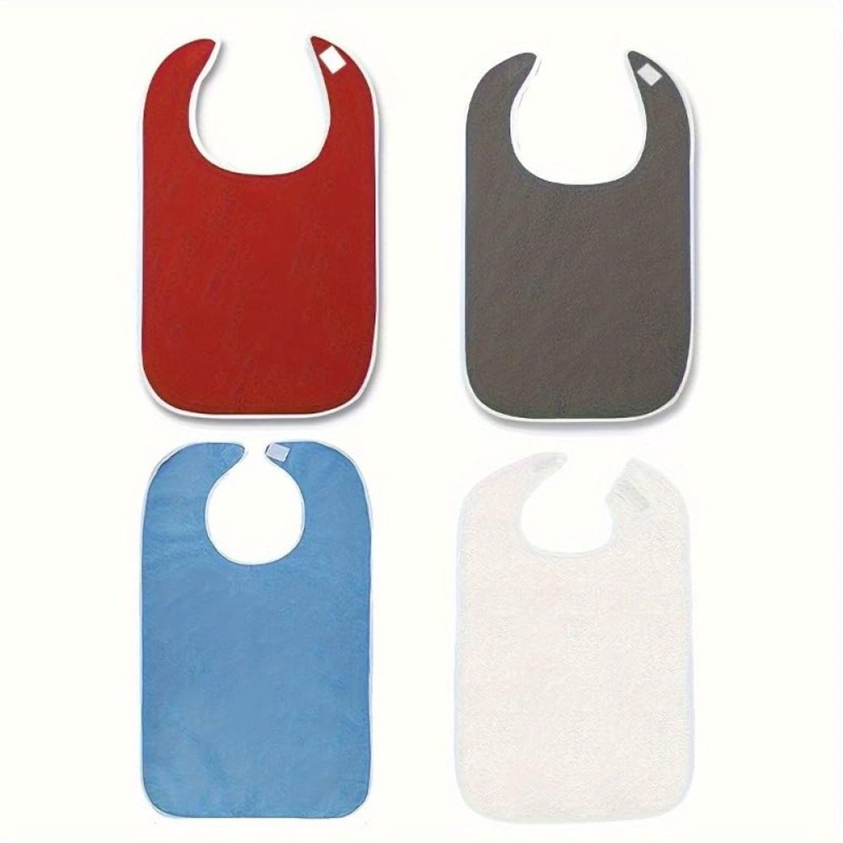 carmdering - Slabbetjes - Slab - Kruimelvanger - Kledingbeschermer - Set van 4, zacht absorberend - Klittenband, verstelbaar, wasbaar op 40°C - Rood, grijs, blauw, wit - Perfect voor volwassenen, ouderen en reizen
