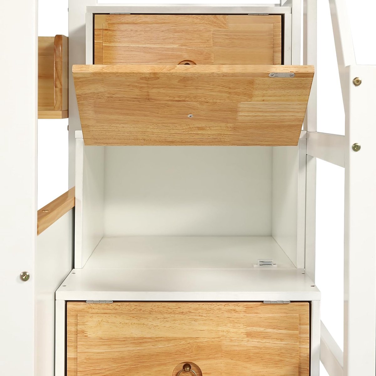 Hoogslaper Stapelbed 90x200 cm met Opbergtrap, 2 Laden, 4 Opbergkasten en Planken – Kinderbed met Bureau/Multifunctionele Tafel, Grenenhout & MDF, 254 x 95 x 170 cm – Laura