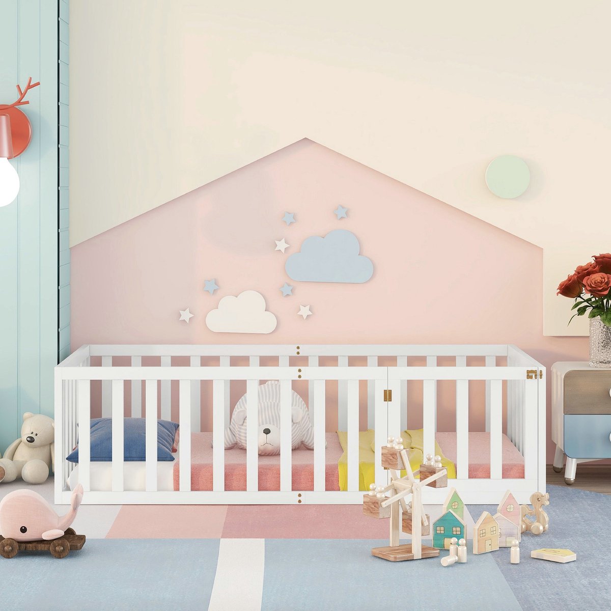 VVBV Kinderbed 90x200 – met Lattenbodem – Massief Hout – Wit – met Uitvalbeveiliging – Zonder Matras – Montessori Bed