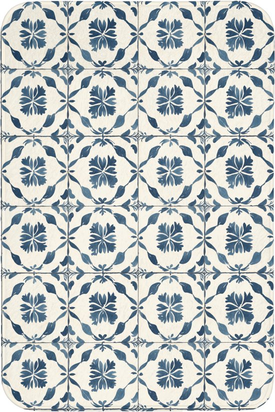 Badmat 60x90 cm - Antislip - Grafisch - Tegel - Blauw - Badmatten voor badkamer - Badkamermat - Douchemat - Badkamer mat