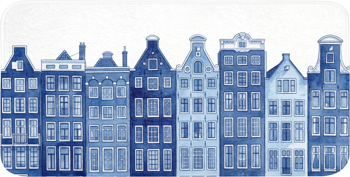 Badmat 120x60 cm - Antislip - Aquarel - Grachtenpanden - Delfts - Blauw - Badmatten voor badkamer - Badkamermat - Douchemat - Badkamer mat