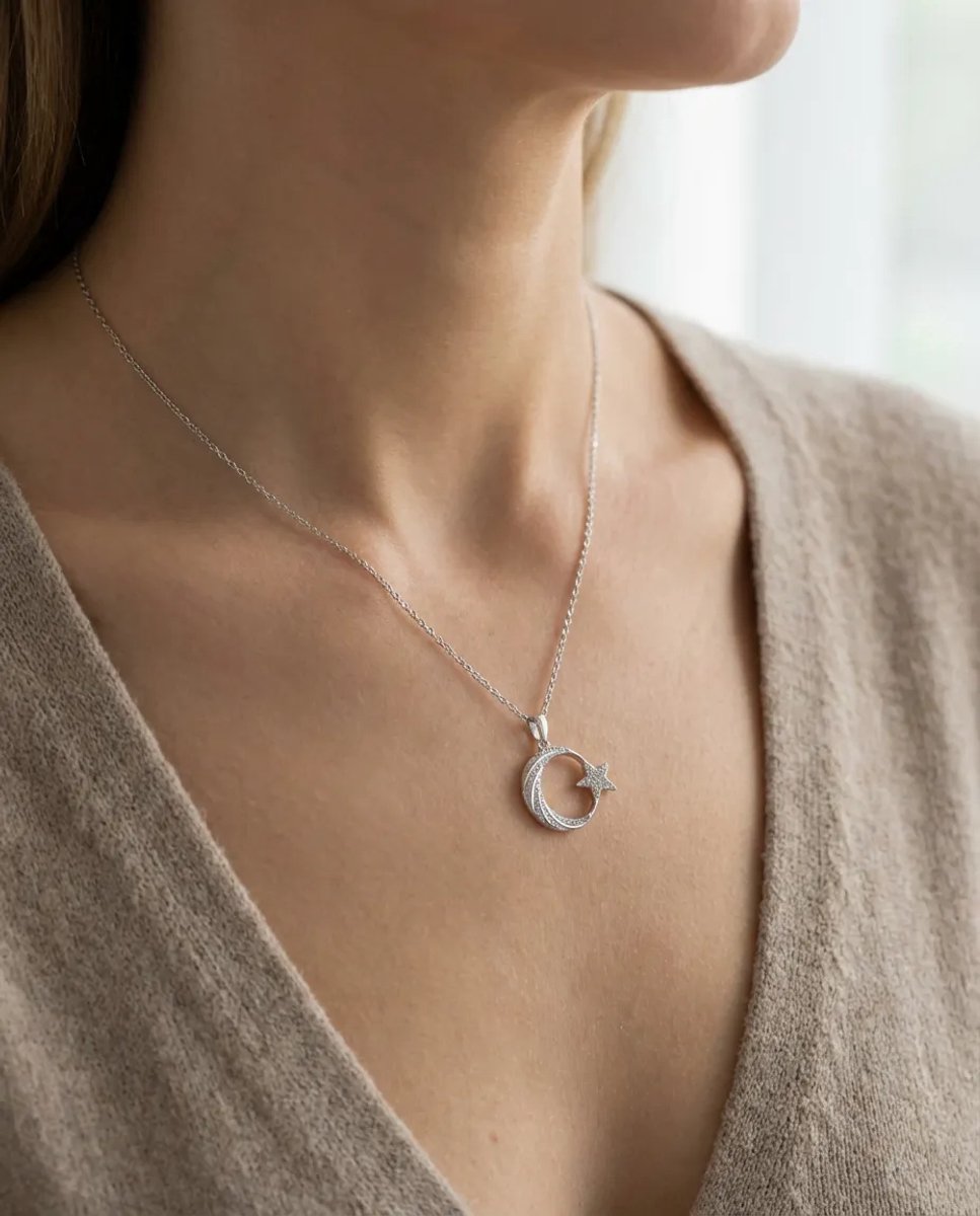 Dorvina 316L Staal Ketting Zilverkleurig Maan Ster Model Zirkonia Dames Ketting Verkleurt Niet | Stijlvol en Duurzaam Sieraad
