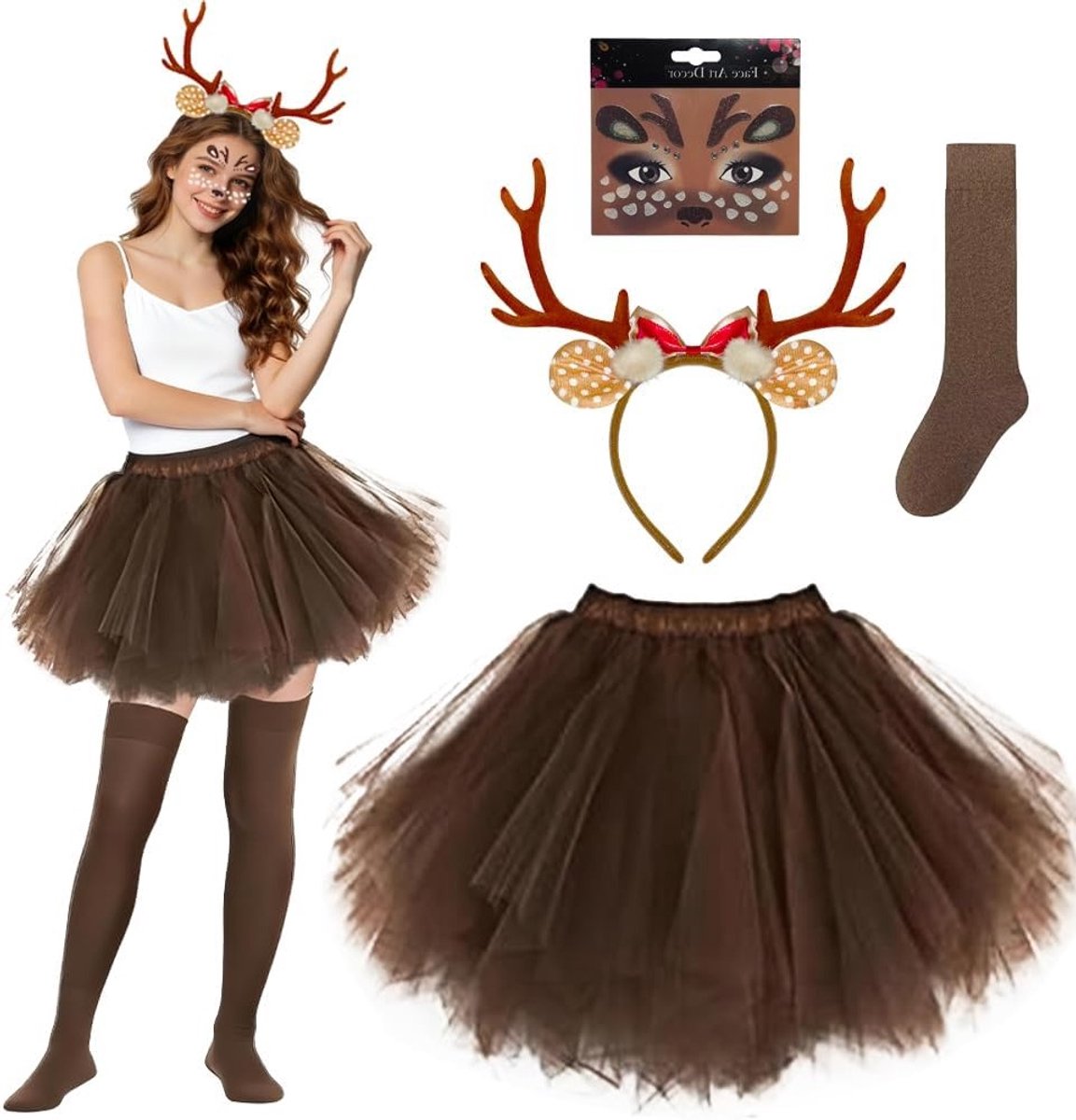 Dames rendier kostuum met hoofdband, rendier hoed, sokken en accessoires voor feestdagen en carnaval