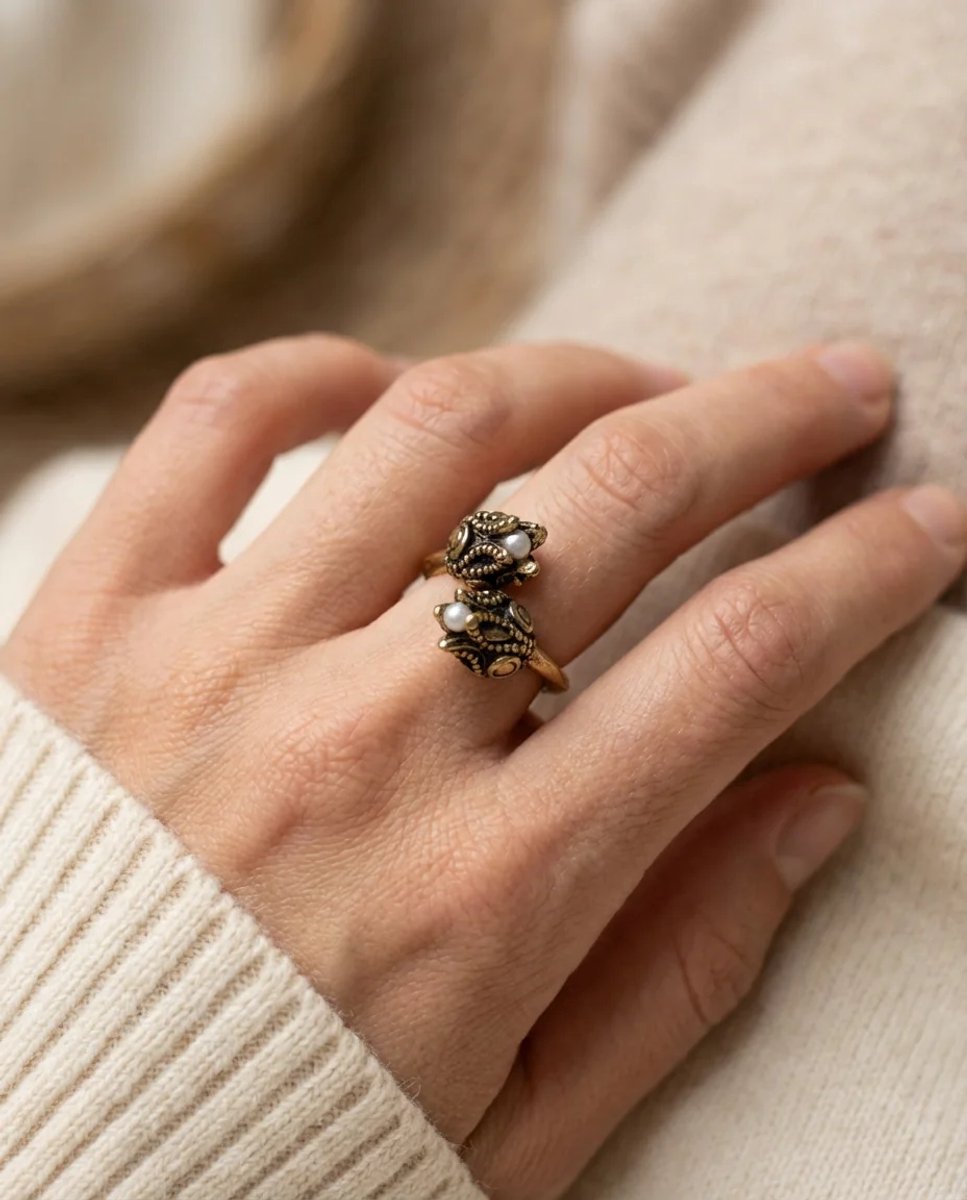 Dorvina Bronzen Sieraad Authentiek Minik Parel Lale Model Van Voren Verstelbaar Vintage Dames Ring