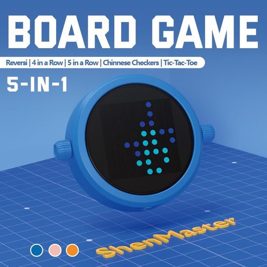 Blauwe draagbare spelconsole met een blauw-lichtblauw dartbord-achtig patroon op een blauwe achtergrond met 'Board Game 5-in-1'.
