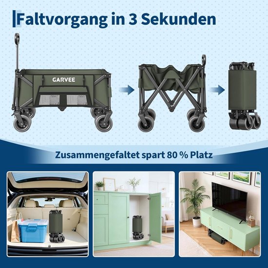 Heavy-Duty Opvouwbare Bolderkar Zwart - Draagkracht 215 kg / 280 Liter - Bolderwagen met All-Terrain Wielen, Remmen & Bagagespin - Strandkar & Kamperen - Groen — afbeelding 2