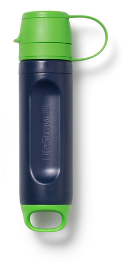LifeStraw waterfilter met donkerblauwe fles en limegroen deksel en lus.