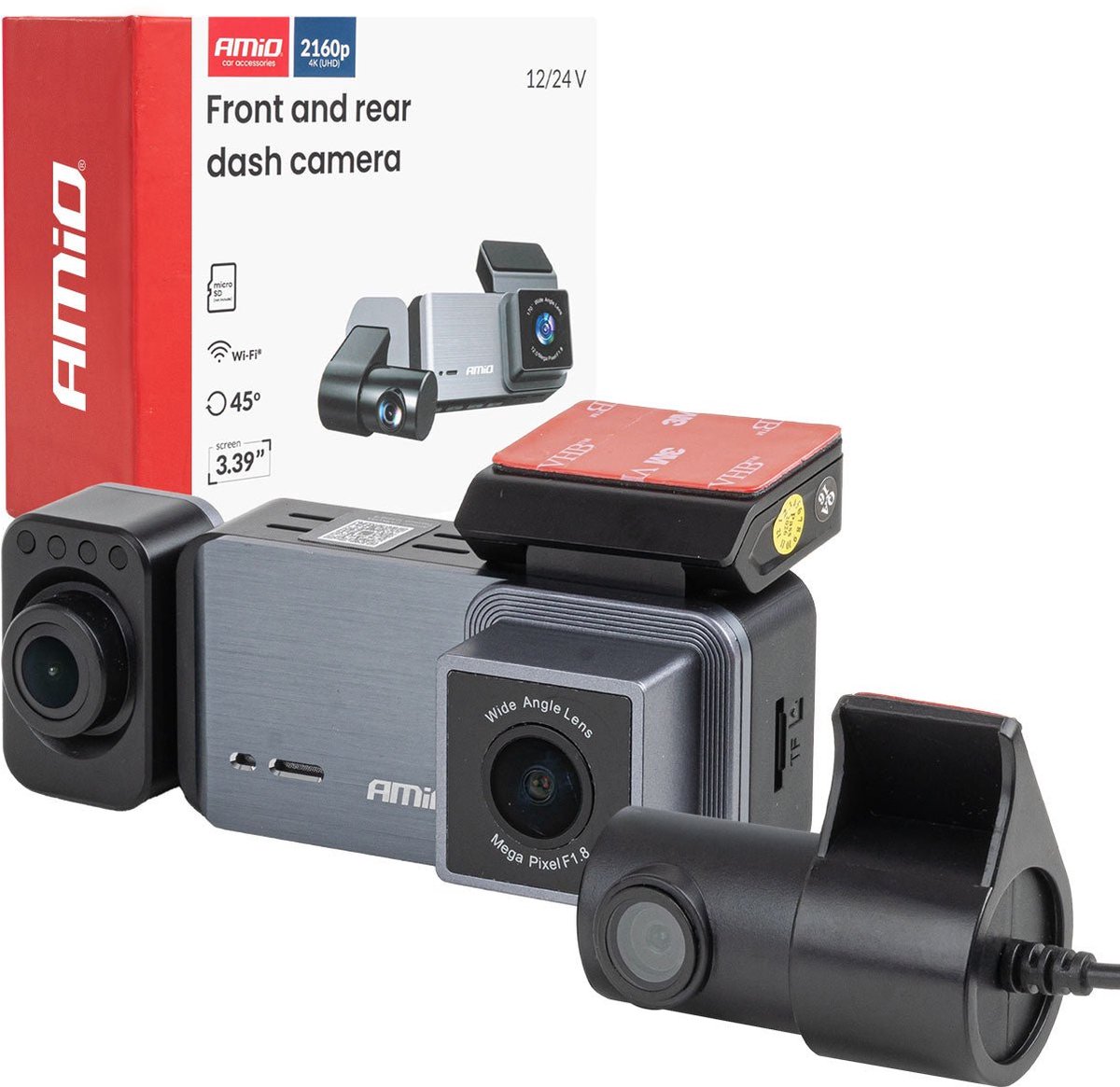AMiO Dashcam 4K + 2K + 1K WLAN – Triple Camera Auto Camera UHD WiFi 512GB Ondersteuning – Voor, Achter en Interieur Opname 3.39” Display G Sensor Parking Mode