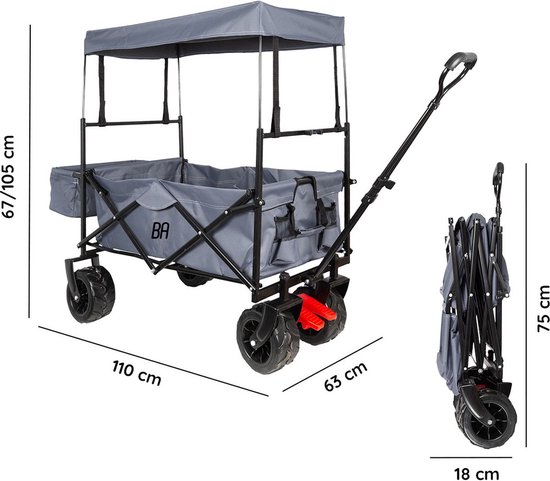Best Active Bolderkar - Opvouwbare Handkar met Dak - 115 x 63 x 110 cm - Transportkar - 80 kg Draagvermogen - Verstelbare duw- en trekhandgreep - Inclusief Transparante Regenhoes met Ritssluitingen - Afneembaar Dak - Zwart/Grijs van Merkloos — afbeelding 4
