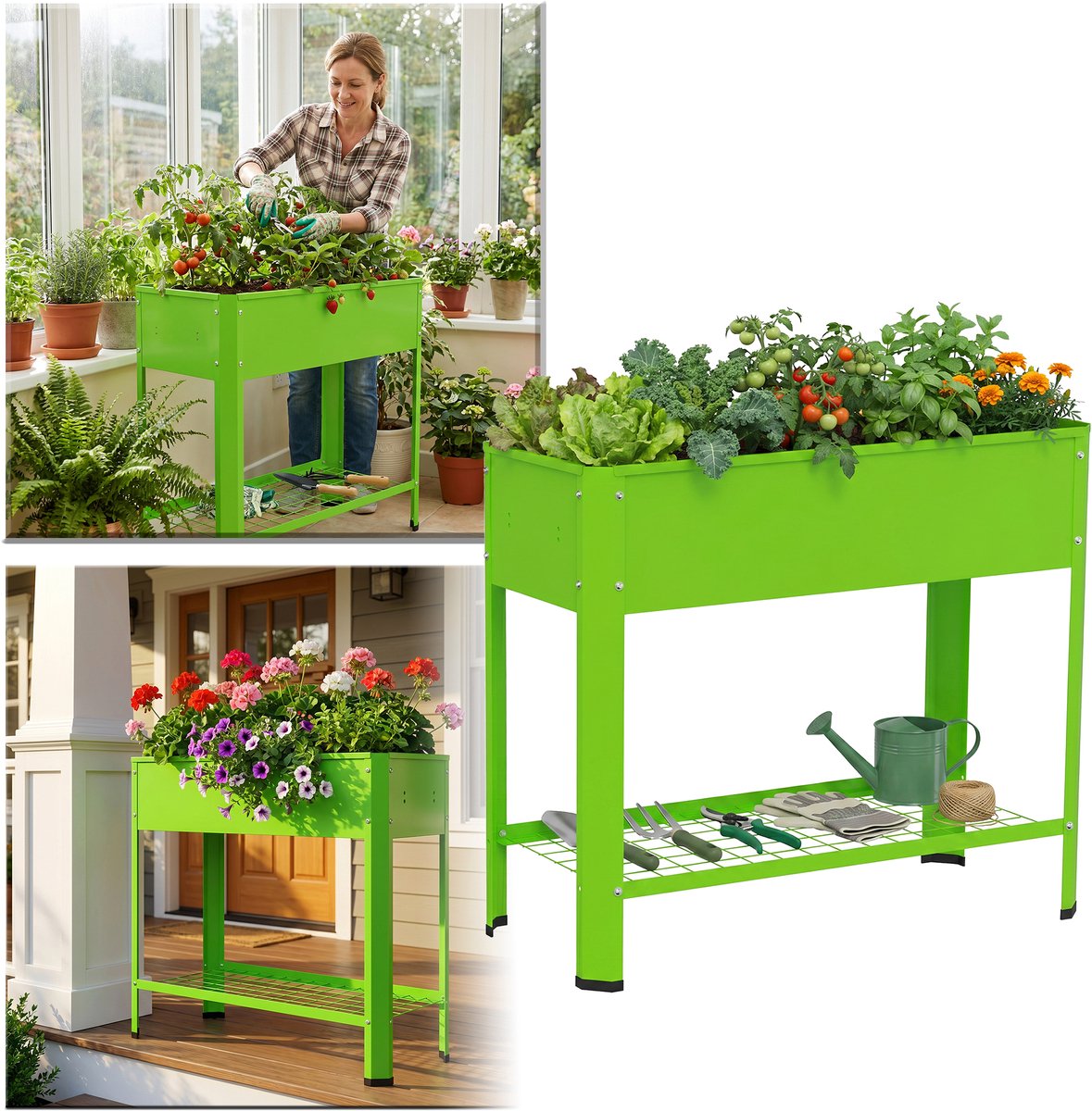 Froadp Groene verhoogde plantenbakken, plantenbakken van gegalvaniseerd staal, met een verhoogd ontwerp. Voorzien van afwateringsgaten, opbergruimte en haken, geschikt voor balkons, terrassen en tuinen.