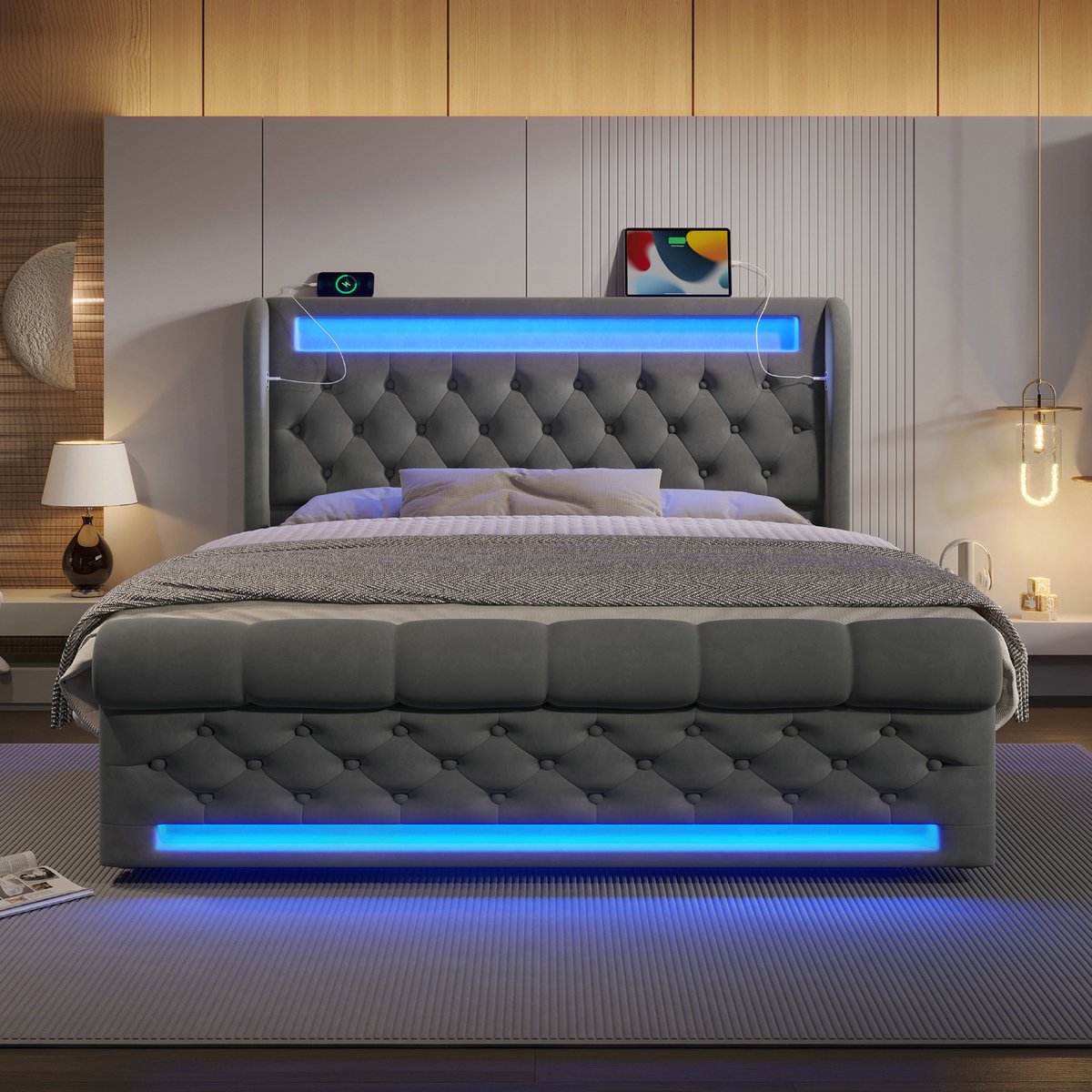 VVBV Gestoffeerd Opbergbed 140x200 cm - Hydraulische Opbergruimte, LED-Verlichting, USB-C - Fluweel Grijs - Zonder Matras Gray