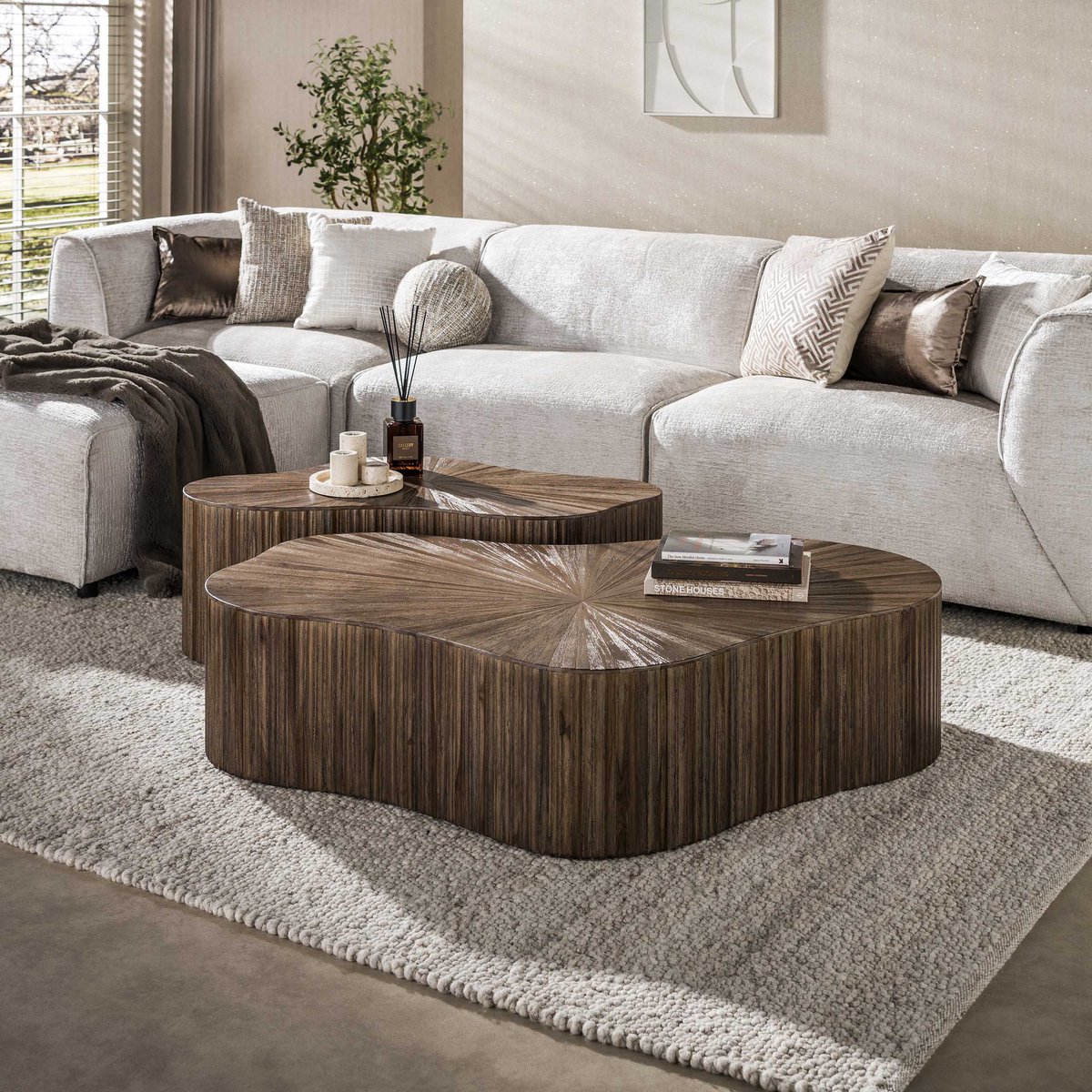 Dimehouse Set van 2 organische salontafels donkerbruin teakhout Japandi Myla - 140 x 77 x 33 cm - Hout - Japandi - Ovaal Teak hout