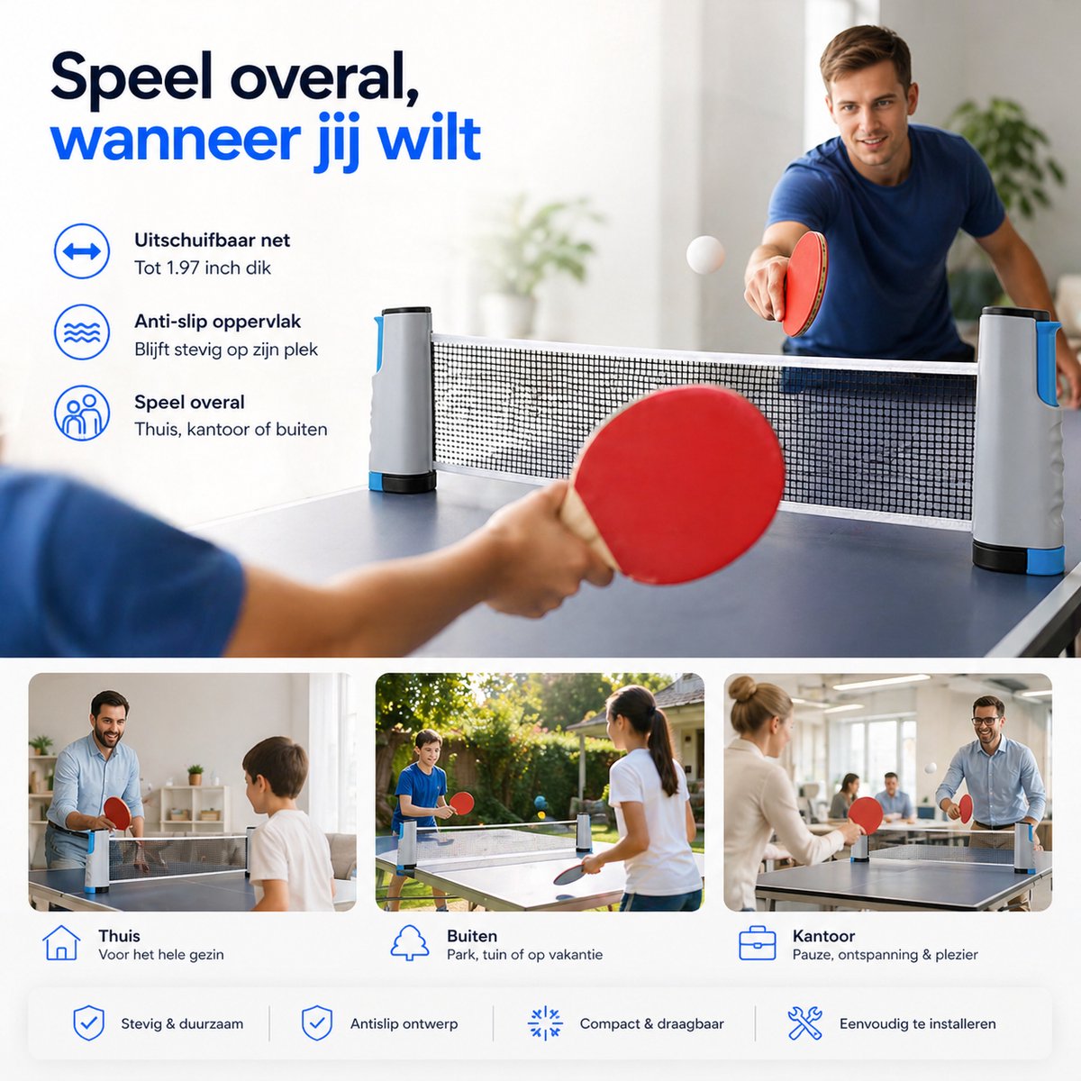 BOTC Tafeltennis Set - 2 Tafeltennisbatjes - 6 Pingpongballen - 1 Tafeltennisnet Uitschuifbaar - Zwart — afbeelding 8