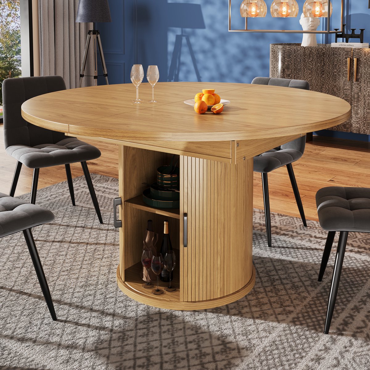 KOMHTOM Uitschuifbare eettafel, eettafel, keukentafel, balkontafel, uitschuifbaar tafelblad Ronde eettafel, uitschuifbaar tot ovaal, 118-158 cm, plaats voor maximaal 6 personen, houtkleur