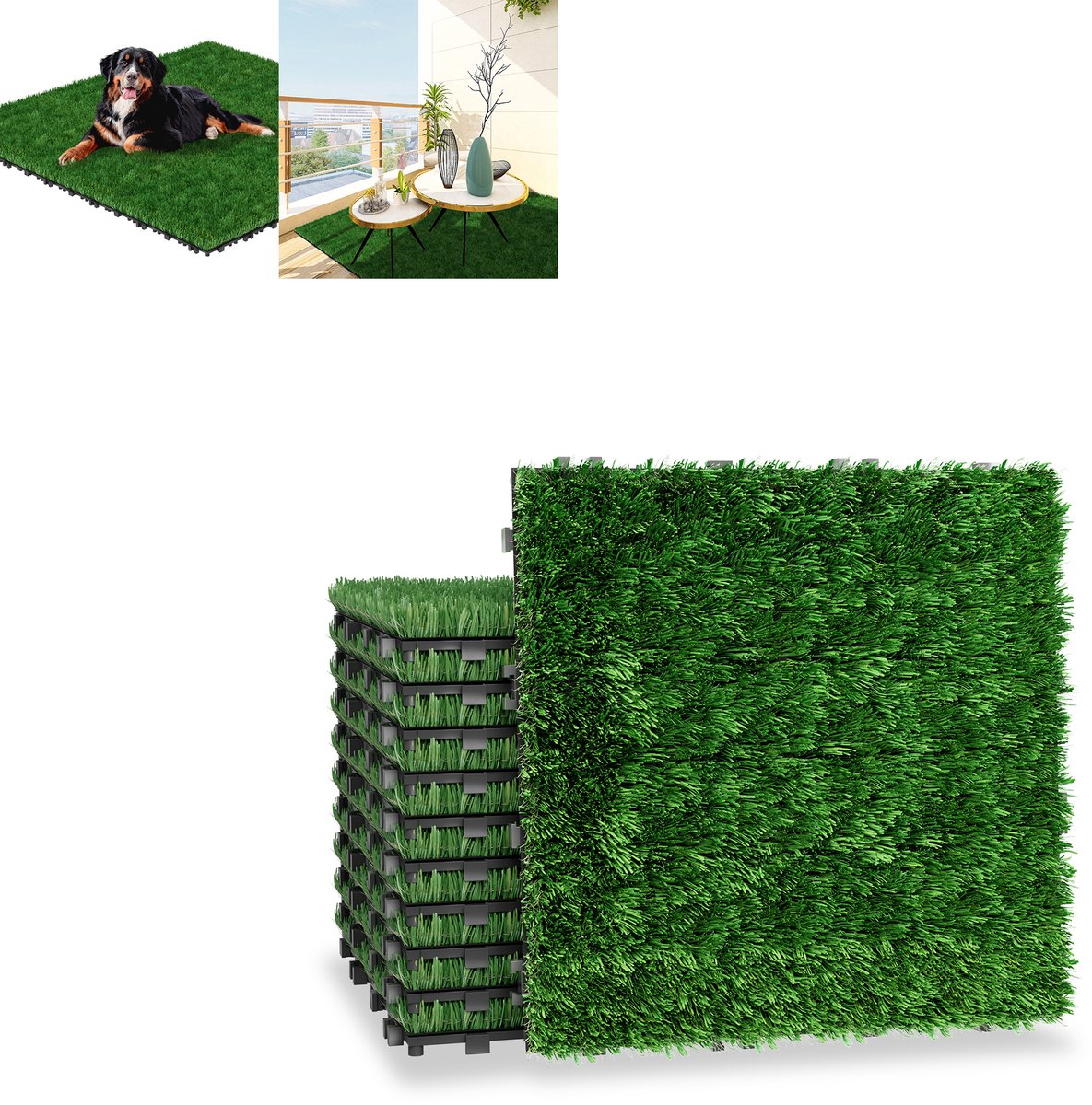 Kunstgras Tegels 30x30 cm – 11 Stuks (1m²) – Kunstgras Kliktegels voor Balkon & Terras – Waterdoorlatend & Onderhoudsvrij