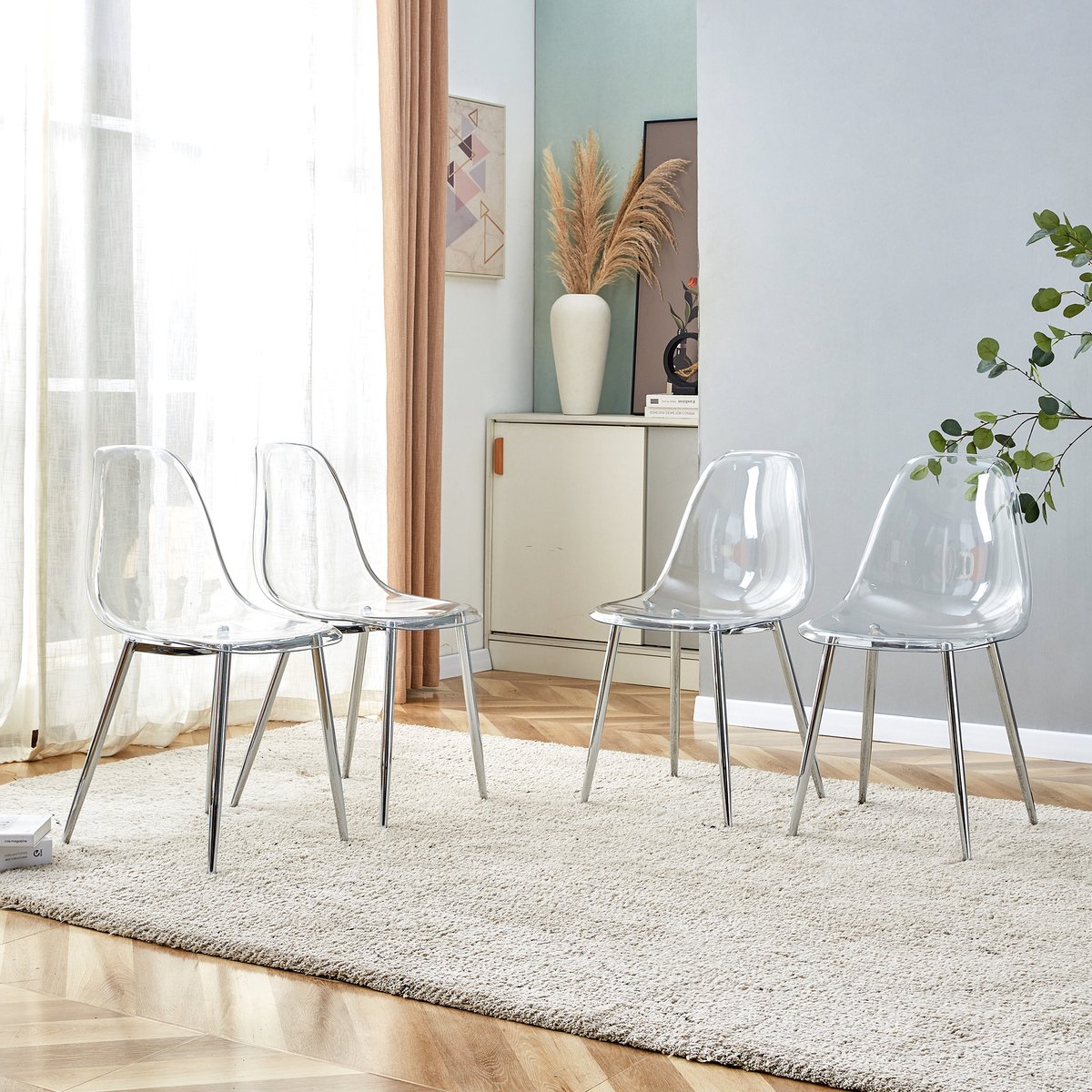 Eetkamerstoelenset - met zilverkleurige metalen poten - 4-delige set - ABS - transparant - stevig en antislip - loungestoel van kunstleer - moderne minimalistische stijl - geschikt voor restaurants en kantoren