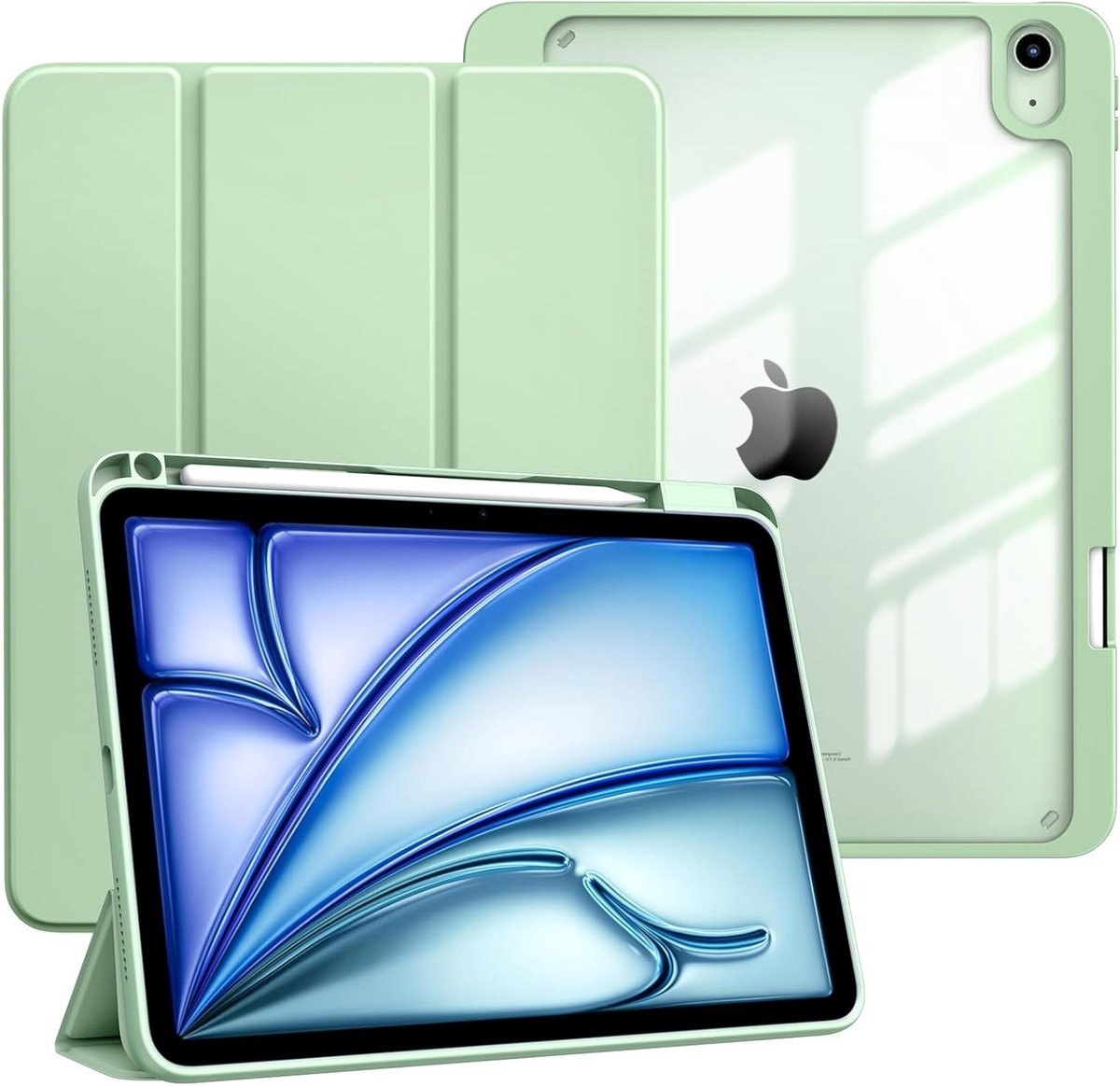 Hoesje voor iPad Air 11 Inch M2 met Potlood Houder, Slanke Beschermhoes voor iPad Air 6e/5e/4e Generatie, Transparante Achterkant en Standaard, Groen