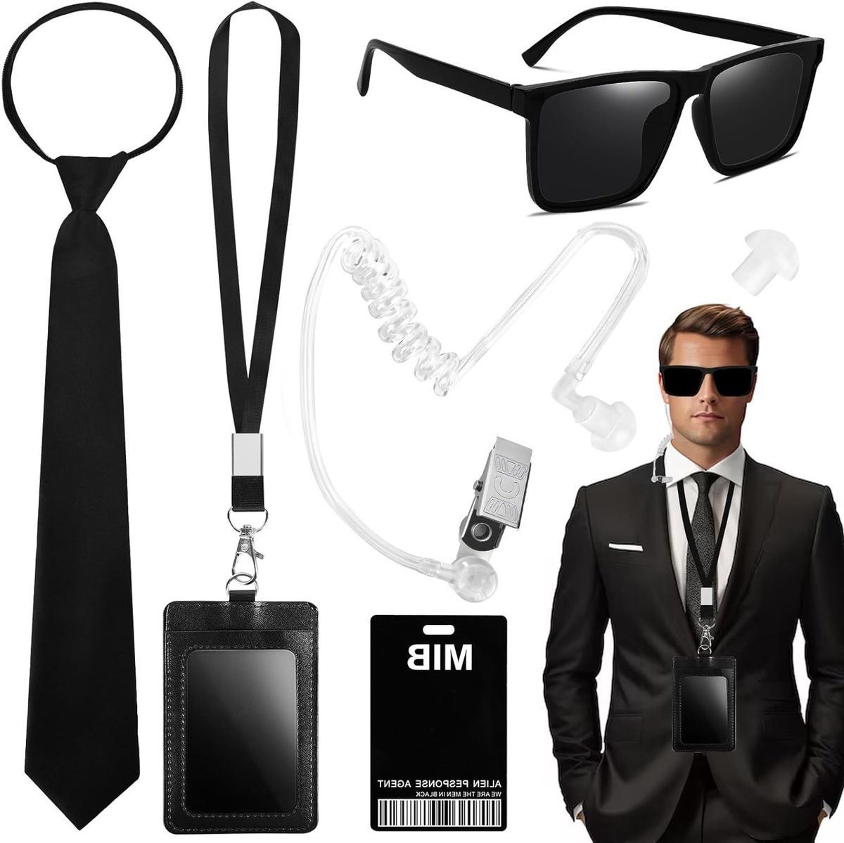 6-delige Agent Kostuum Accessoires Set, Men in Black Outfit, Zwarte Zonnebril, Strik en ID Kaart Houder voor Mannen en Vrouwen