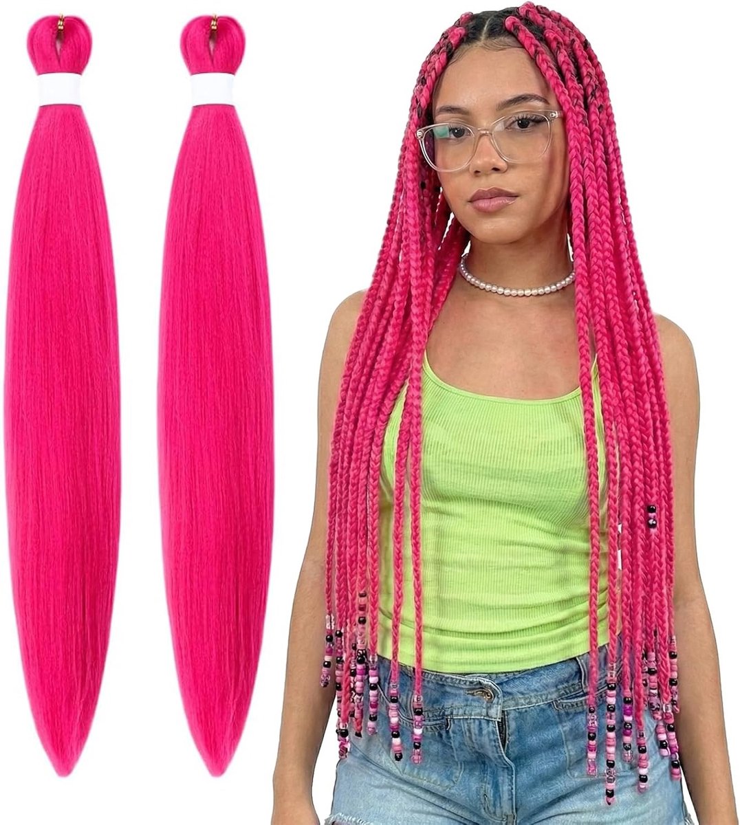 Kpop Cosplay Perucque 66 cm Rood Haarstuk voor Rollenspel, Feest en Creatieve Kostuums met Vlechten (Set van 2)