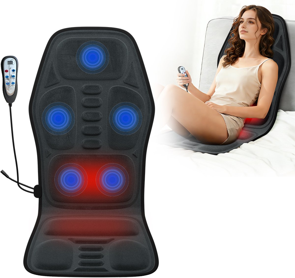Elektrisch Massagekussen Zwart – 5 Vibratiezones (Nek, Schouders, Rug, Lenden, Billen) – Verstelbare Verwarming & 9 Programma’s – Zachte Fleece voor Thuis, Kantoor of Auto
