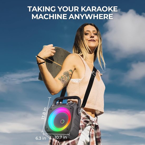 Karaoke Machine met 2 microfoons, draagbare karaokemachine voor volwassenen en kinderen, Bluetooth-luidspreker met PA-systeem, ondersteunt TWS/FM/AUX/USB/TF/REC voor feestjes, verjaardagen en thuisgebruik (zwart) — afbeelding 4