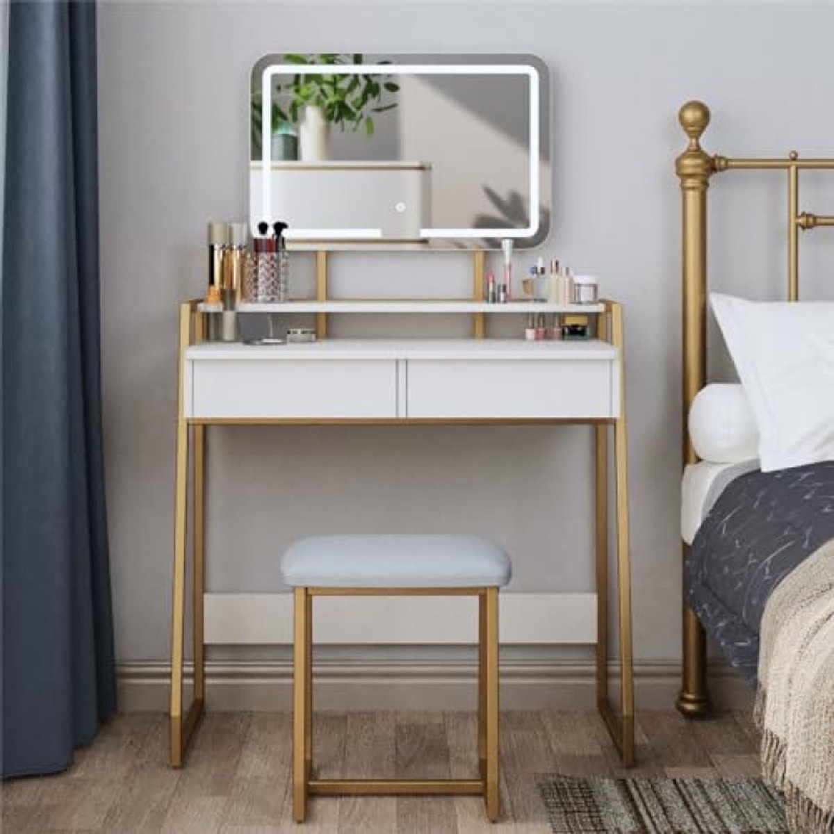 Make-uptafel met verlichte spiegel, opbergladen en kruk - Wit/Goud