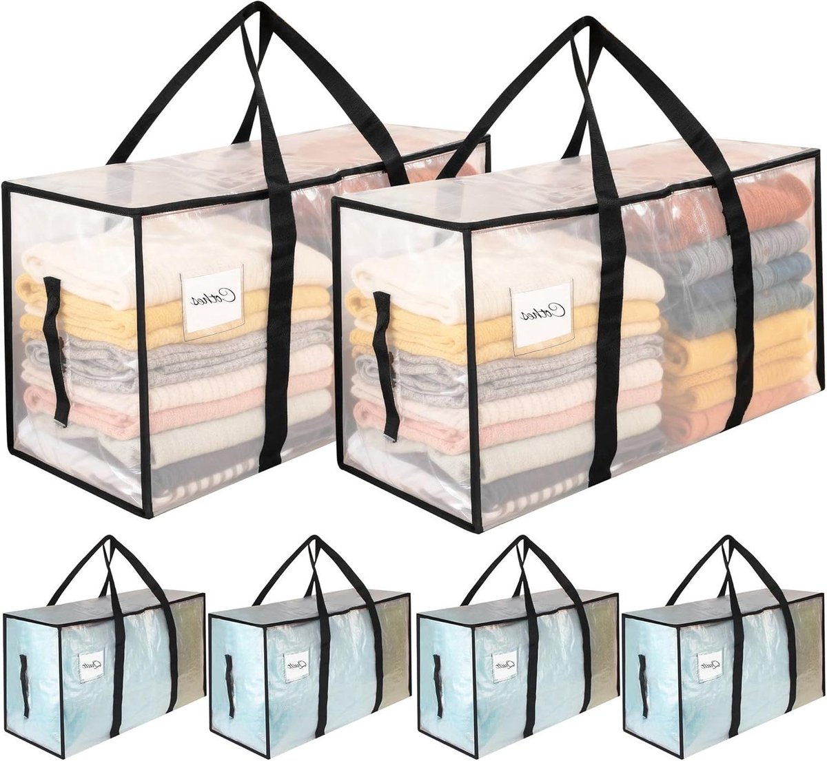 Set van 6 grote opbergzakken van 95 liter met deksel, stevige, opvouwbare, transparante verhuisdozen met rits en handvat, inklapbare opbergdozen voor verhuizingen, kamperen en beddengoed