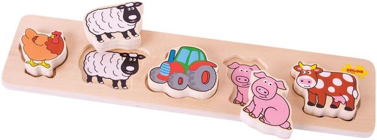 Boerderij Puzzel - Inlegpuzzel Hout - Leren Herkennen - 5 Dikke Stukken - Compact Formaat - Meerkleurig