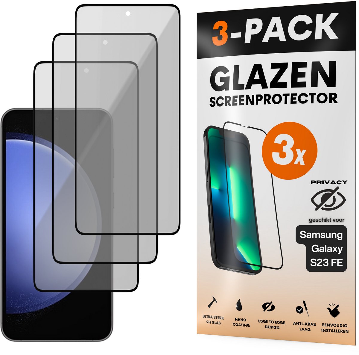 Privacy Screenprotector - Geschikt voor Samsung Galaxy S23 FE - Gehard Glas - Full Cover Tempered Privacy Glass - Case Friendly - 3 Pack