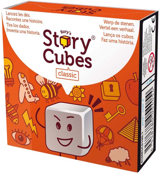 Doos van Rory's Story Cubes Classic met speelse afbeeldingen van een lamp, vliegtuig, bij, bloem, slot, sleutel, appel, piramide en een vrolijke dobbelsteen.