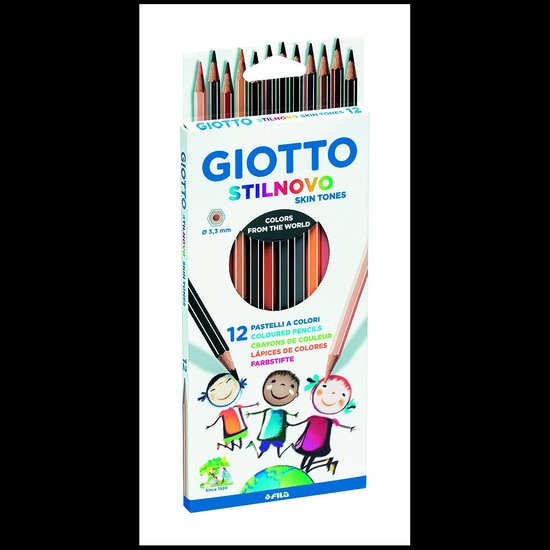 Doos met 12 Giotto Stilnovo huidskleur potloden. Drie getekende kinderen met wapperende haren staan op een globe.