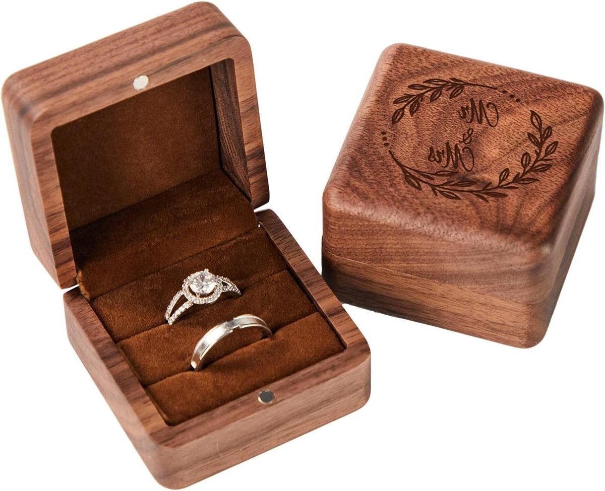Houten Ringendoos - Bruiloft Doosje - Voorstel Huwelijk - Dubbele Ringhouder - 6x6x4 cm - Walnoot Bruin