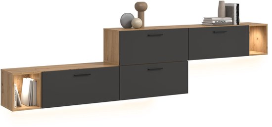Drijvend modulair meubelstuk in artisan eiken look en antraciet, met open vakken en lades.