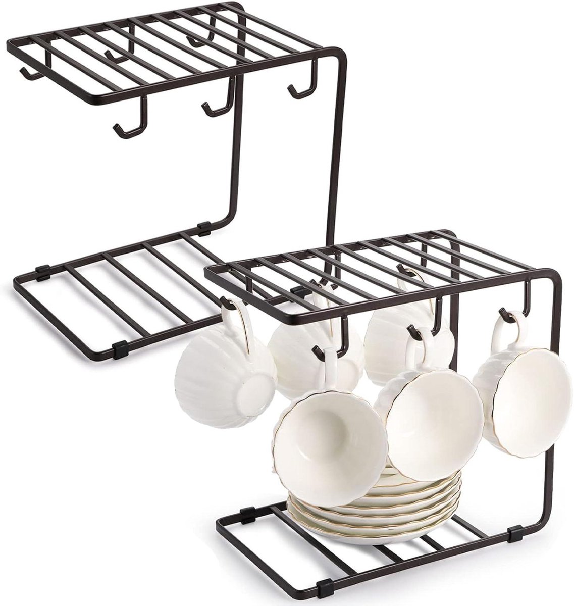 Metalen Mokkenhouder - Kopjes Rek - Aanrecht Organiseren - 6 Haken - 24x15x23 cm - Antiek Metaal