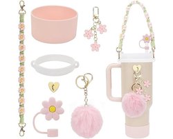 Accessoires de décoration pour gobelets d'eau, adaptés à la tasse Stanley 40oz, comprenant : 1 poignée, 1 paille, 1 pendentif en peluche, 1 pendentif, 1 couvercle de fond en silicone pour le gobelet d'eau et 1 anneau en silicone, rose clair
