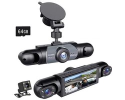 Dashcam met 4 lenzen, 4K 360°, opnamefunctie voor en achter/binnen met nachtzicht, 64GB grafische kaart.