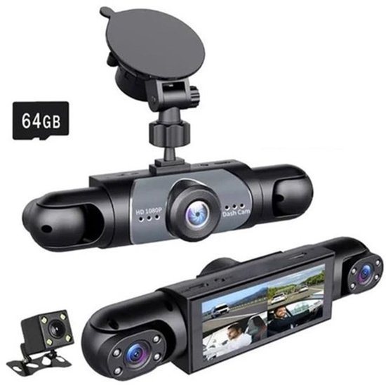 Dashcam met 4 lenzen, 4K 360°, opnamefunctie voor en achter/binnen met nachtzicht, 64GB grafische kaart.