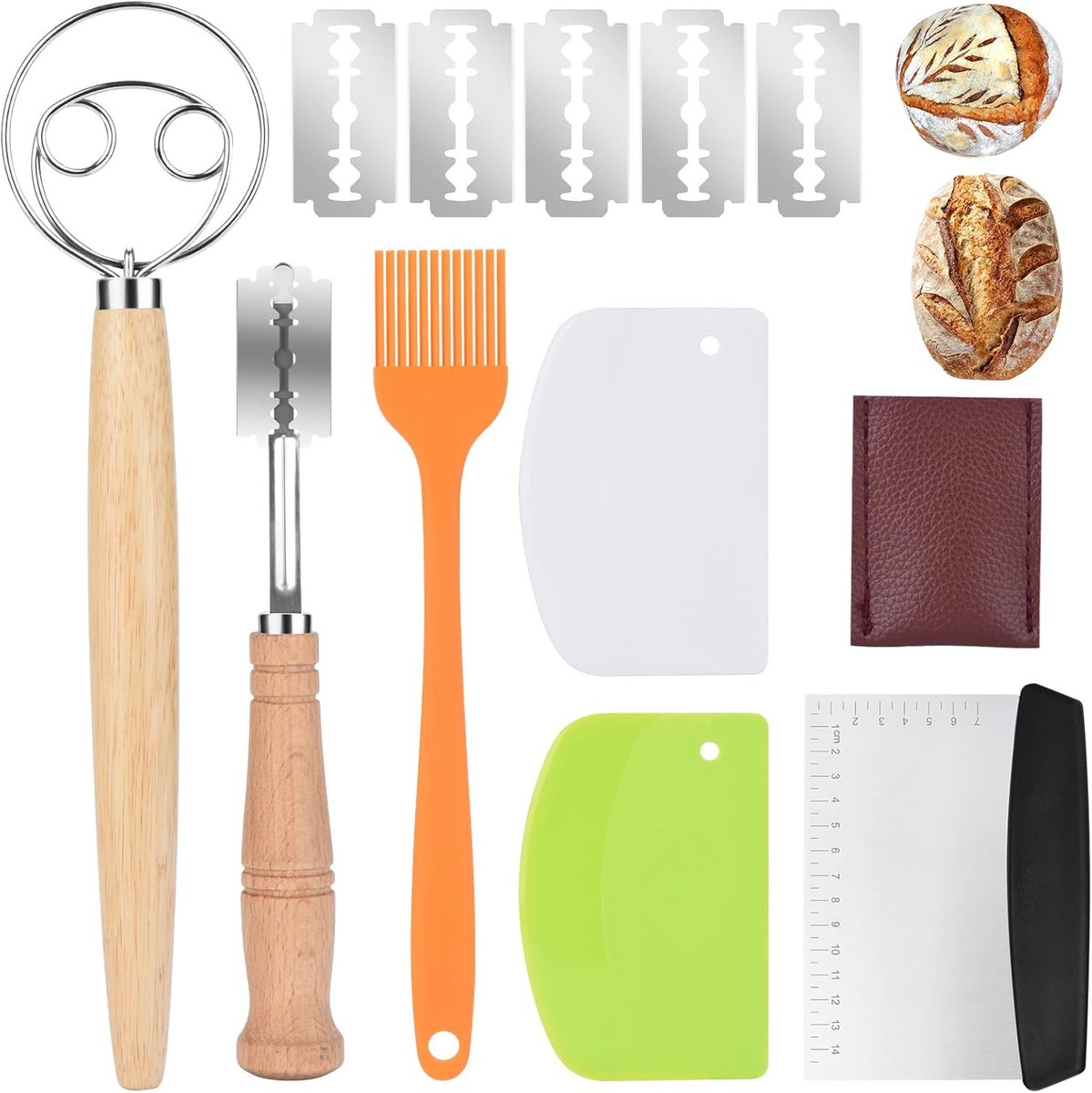 Broodbakset met Broodrijsmand Accessoires, RVS Meelroerder & Broodsnijmes