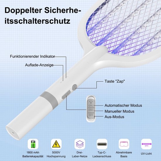 Elektrische vliegenmepper met aan/uit-schakelaar en USB-oplaadpoort.
