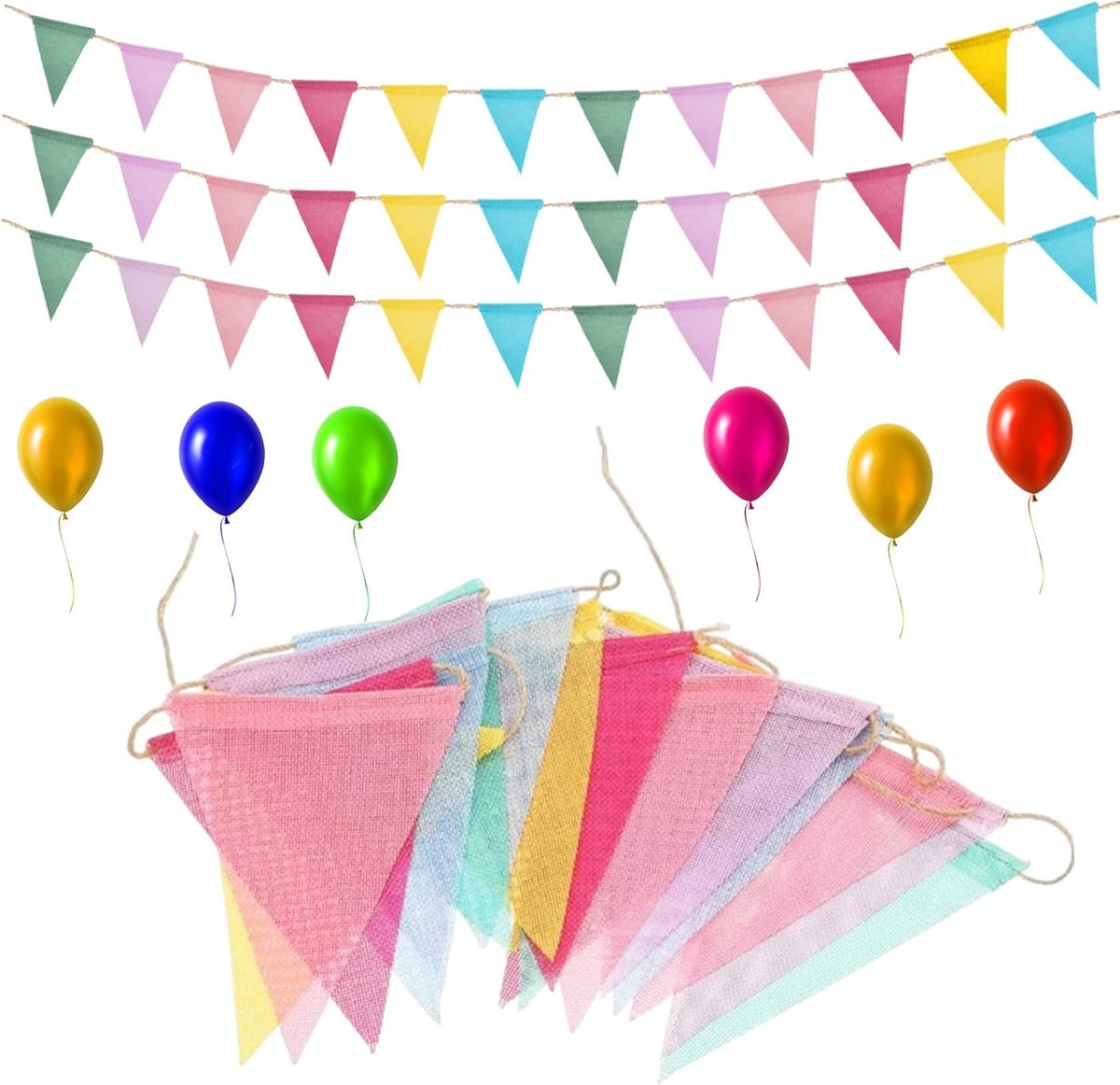 Set van 5 Weerbestendige Vlaggenlijn met 60 Vlaggen, 4 m Nep Linnen, Versiering voor Feesten, Tuin en Evenementen, Kleurige Regenboog Vlaggenlijn