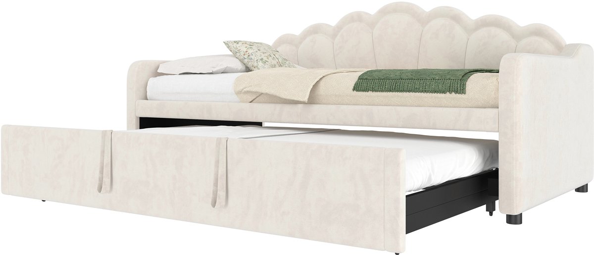 Merax Slaapbank met Uitschuifbed 90x200 cm - 180x200 cm - Fluweel - LED Verlichting met Afstandsbediening - Beige