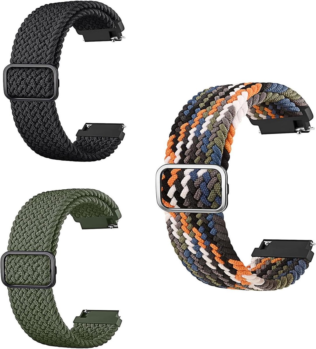 Vervangingsarmbanden voor Smartwatch, Elastische Horlogeband, 3 Stuks 22 mm, Gevlochten Nylon, Geschikt voor Diverse Horlogemodellen en Buds