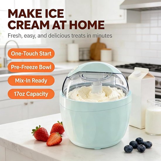Ijsmachine - Roomijsmachine - Sorbetmaker - Mini ijsmachine - Elektrisch - One-touch bediening - Zelf ijs maken - Voor frozen yogurt en gelato - Voor thuis en keuken - Compact - Lichtblauw van Merkloos — afbeelding 4