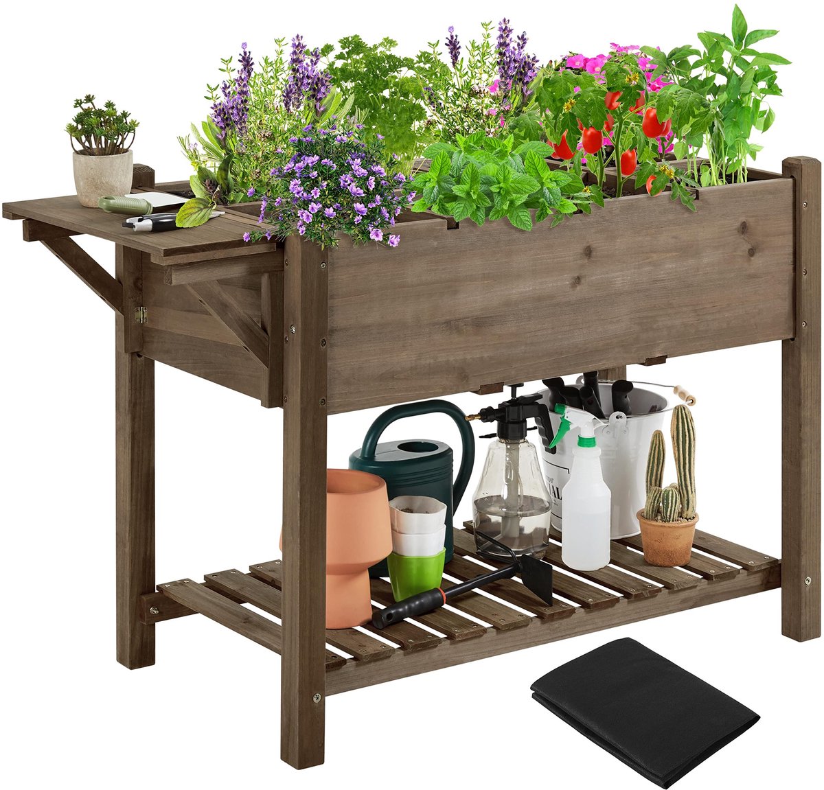 Yaheetech Verhoogd bloembed van hout, plantentrap met opbergvak, bloembak voor tuin/terras/balkon, kruidenbed kweekbed voor het beplanten, 123 x 54 x 80 cm