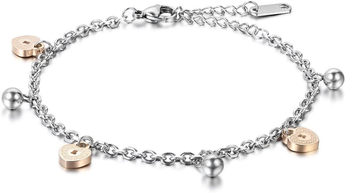 Dames Armband - Enkelbandje Ketting - Dagelijkse Stijl - Hart Bel Vorm - 24 cm - Zilver Rosé Goud