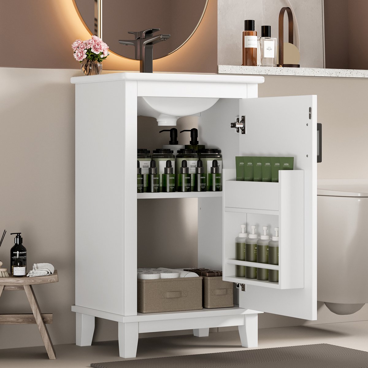 MODENUIT Badkamerkast - Vrijstaand Met Keramische Wastafel En Verstelbare Plank - Wit MDF - 51x34x83 cm